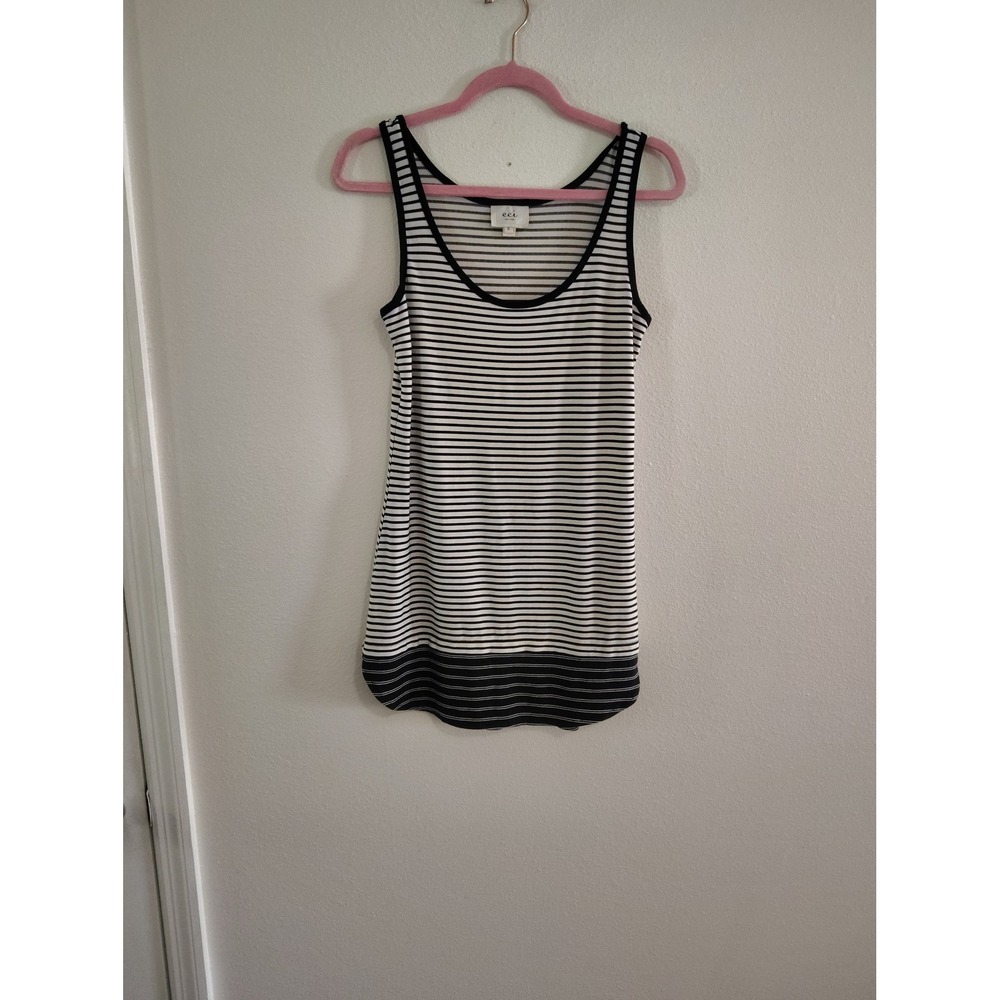 ECI New York Womens Small Black White Striped Sleeveless Tank Top Scoop Neck Hem